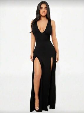 SHEIN Black Deep V Double Thigh-Slit Maxi Dress